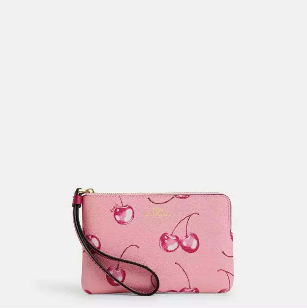 Coach Corner Zip Wristlet with Cherry Print - Picture 1 of 7